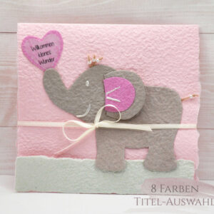 Babykarte Elefant rosa aus handgeschöpftem Papier
