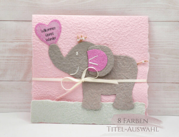 Babykarte Elefant rosa aus handgeschöpftem Papier