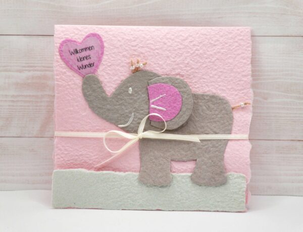 Babykarte Elefant rosa aus handgeschöpftem Papier