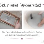 Blick in meine Papierwerkstatt, es zeigt meinen Papierschöpfrahmen und wie dieser durch die Papiermasse gezogen wird.