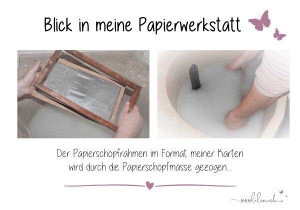 Blick in meine Papierwerkstatt, es zeigt meinen Papierschöpfrahmen und wie dieser durch die Papiermasse gezogen wird.