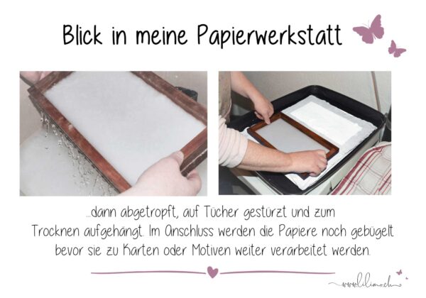 Blick in meine Papierwerkstatt, es zeigt wie das Papier im Rahmen abgetropft und auf Tücher gestürzt wird.