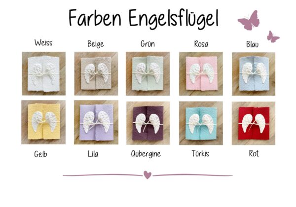 Farbmusterkarte handgeschöpfte Karte mit handgemachten Engelsflügeln