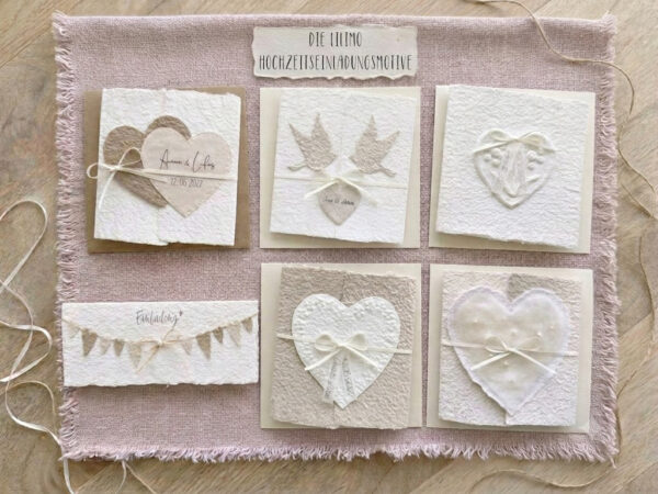 Personalisierbare Musterkarten für Hochzeitseinladungen aus handgeschöpftem Büttenpapier
