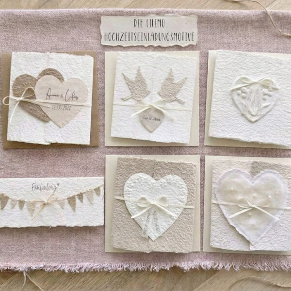 Personalisierbare Musterkarten für Hochzeitseinladungen aus handgeschöpftem Büttenpapier