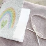 Geöffnete Ansicht der Regenbogen Trauerkarte aus handgeschöpftem Papier - handbemalt mit feinen Perlen