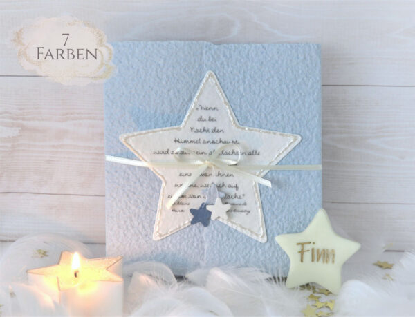 Trauerkarte für ein Kind, Sternenkind oder Baby Stern blau mit Spruch vom kleinen Prinz